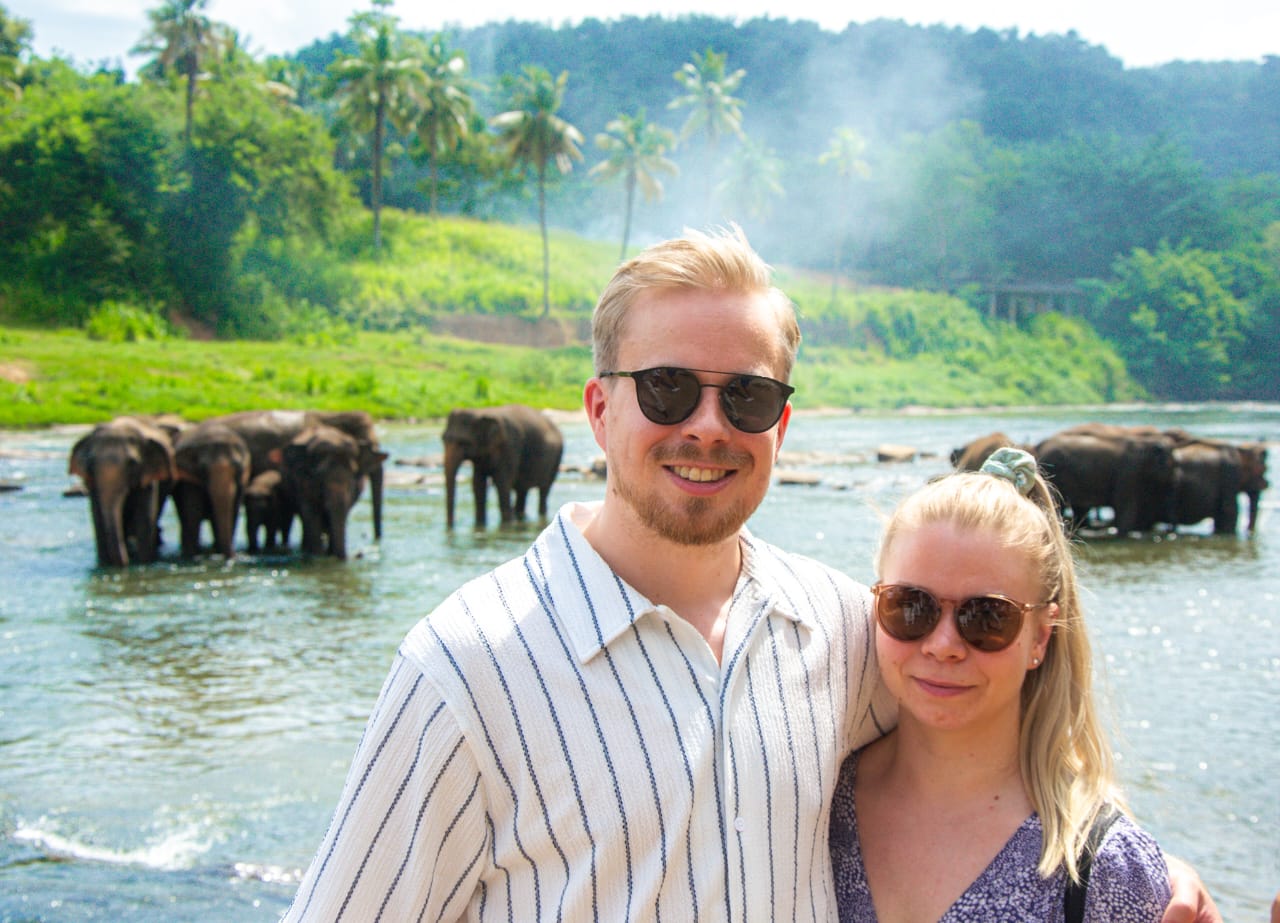 Couple with elephants in Sri Lanka